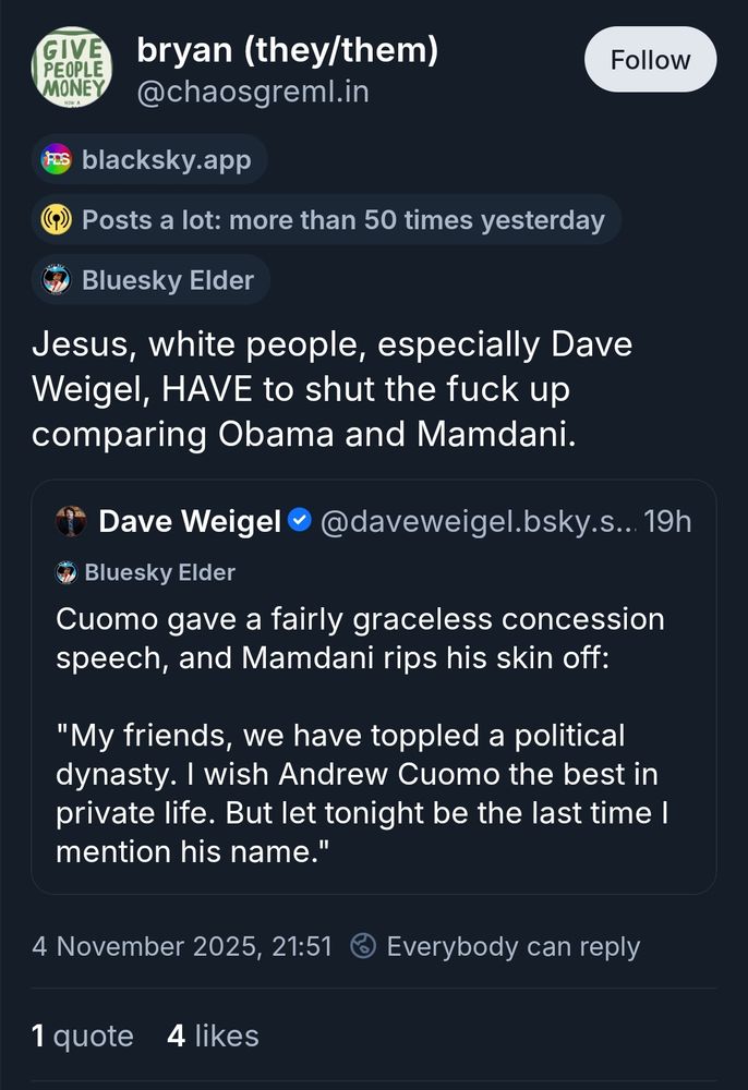 bryan / chaosgremlin, telling dave weigel to shut up about comparing obama and mamdani, quoting a dave weigel post that doesnt even name obama