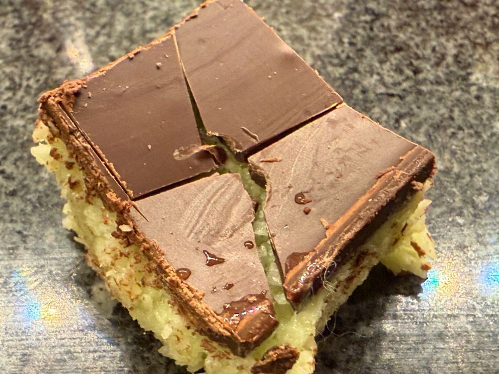 Home-made Mounds / Bounty bar, pandan flavor.