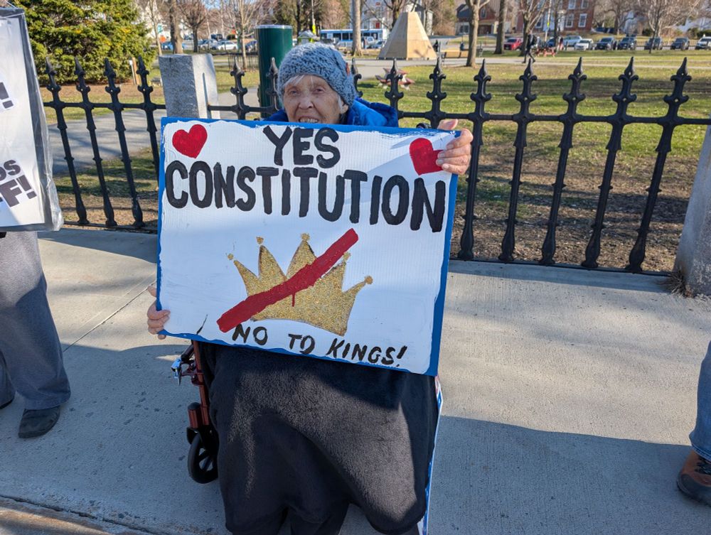 Senior woman in wheelchair at rally holding sign: YES CONSTITUTION, NO TO KINGS. Gold crown in the sign has a red slash through it 