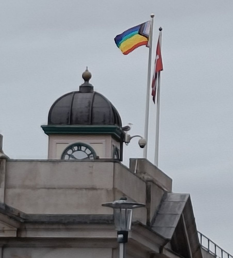 A Progress Pride flag flying above Cardiff Central train station (though it's cropped too tight for the location to be discernable) with the purple stripe at the top 