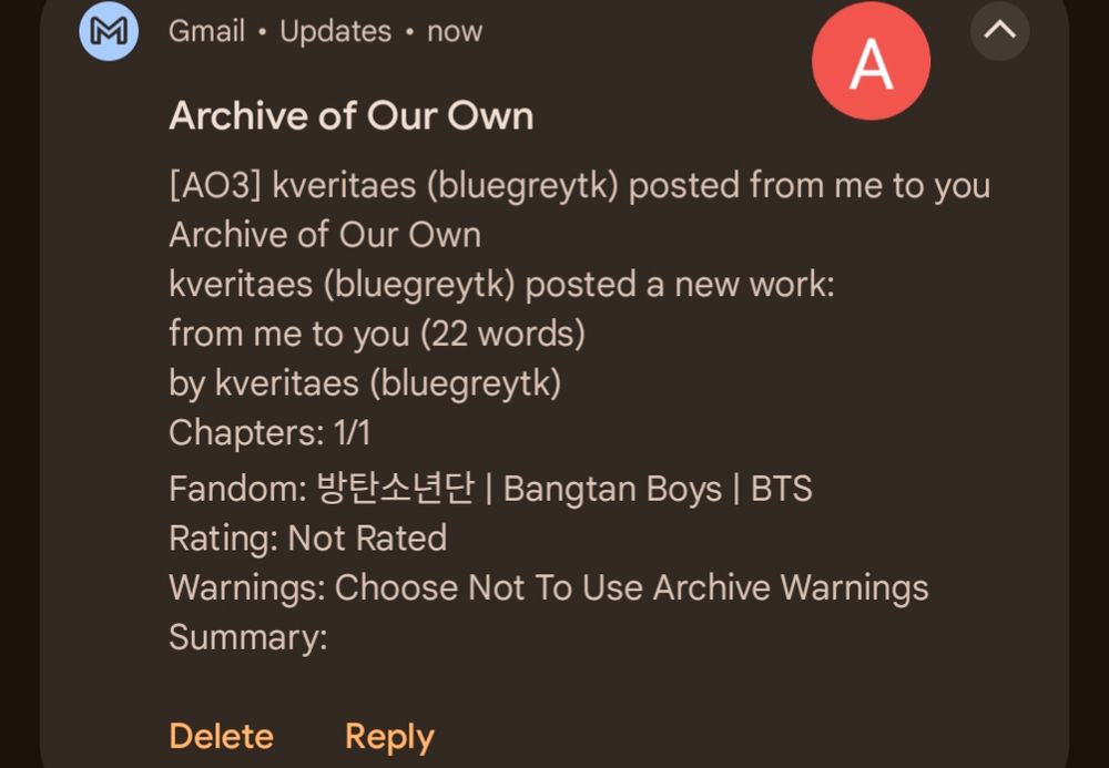 screenshot of an ao3 email showing an author has posted a new fic