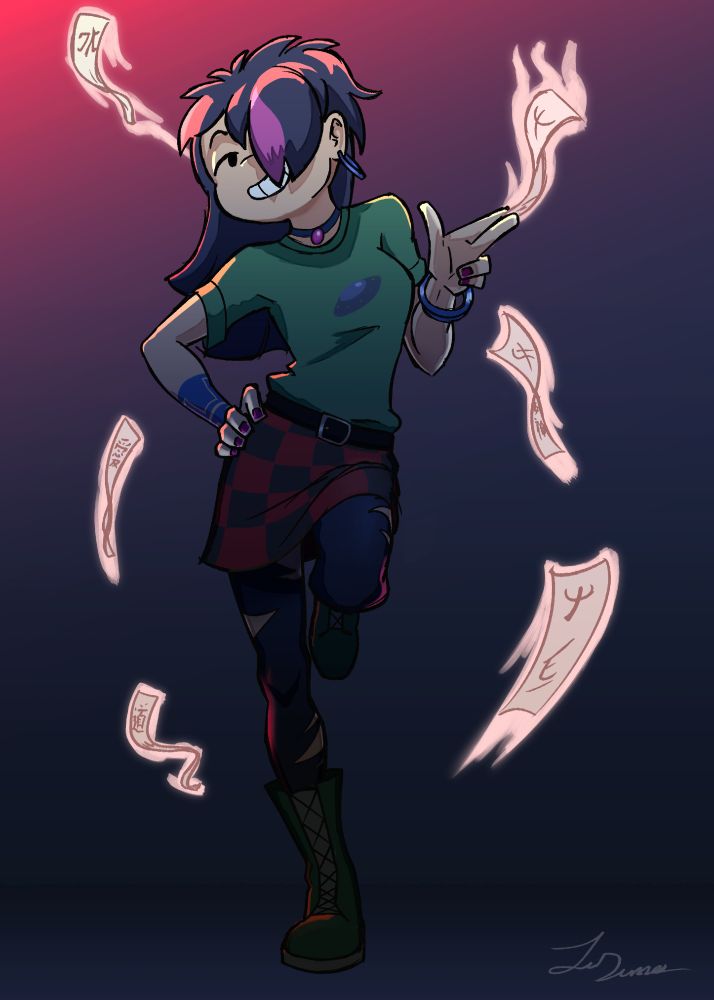 Aurora stands with confidence as she holds one of her fulus between her index and middle finger