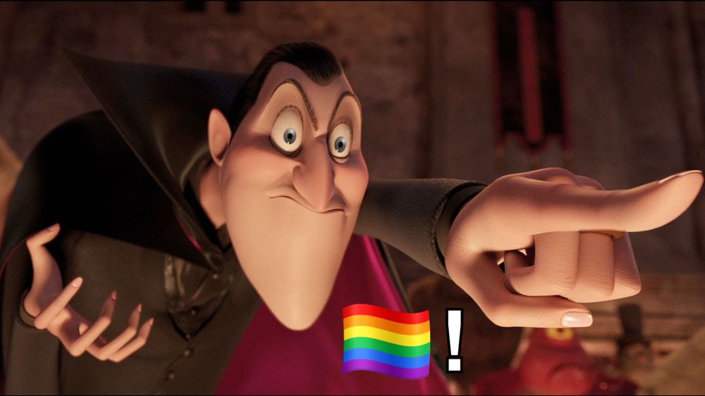 Count Dracula from Hotel Transylvania pointing a finger, with a pride rainbow flag emoji and an exclamation point.