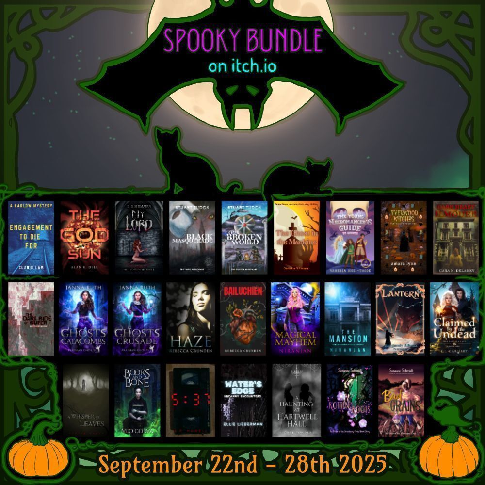 Spooky Bundle on itch.io graphic featuring pumpkins, black cats, and a giant bat in front of a full moon. Bundle runs Sept. 22nd to Sept. 28th.