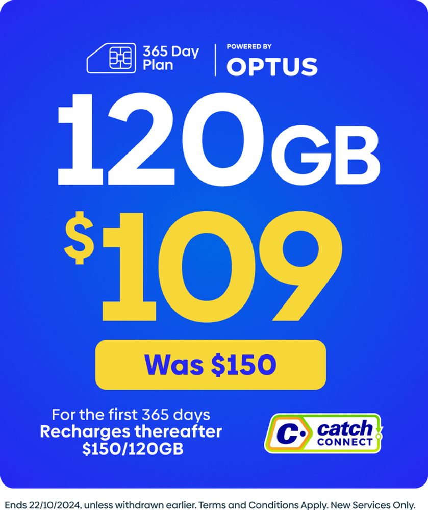 [OnePass] Catch Connect 365-Day Prepaid Plan: 120GB $99 Delivered (Was $109) @ Catch