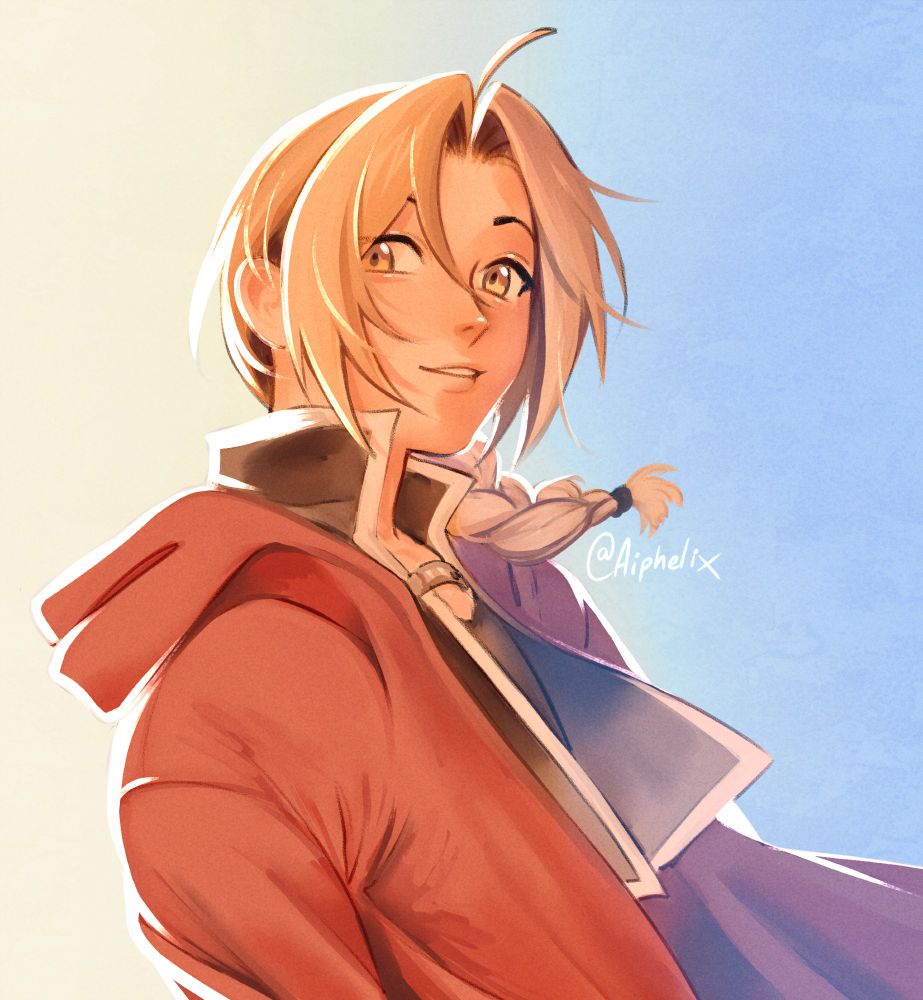A digital painting of Edward Elric in his signature red jacket, smiling at the "camera"