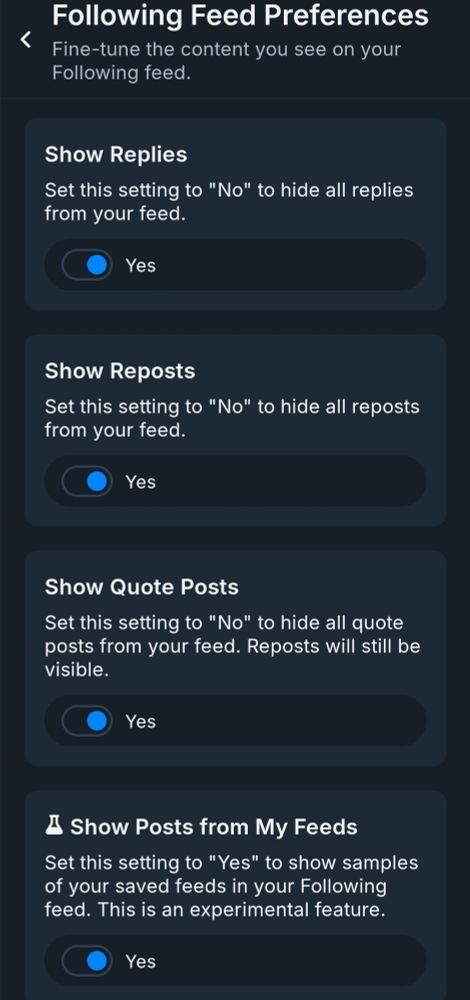 You have options for your Following Feed that you can toggle on or off 
- Show Replies
- Show Reposts
- Show Quote Posts
- Show Posts from my Feeds