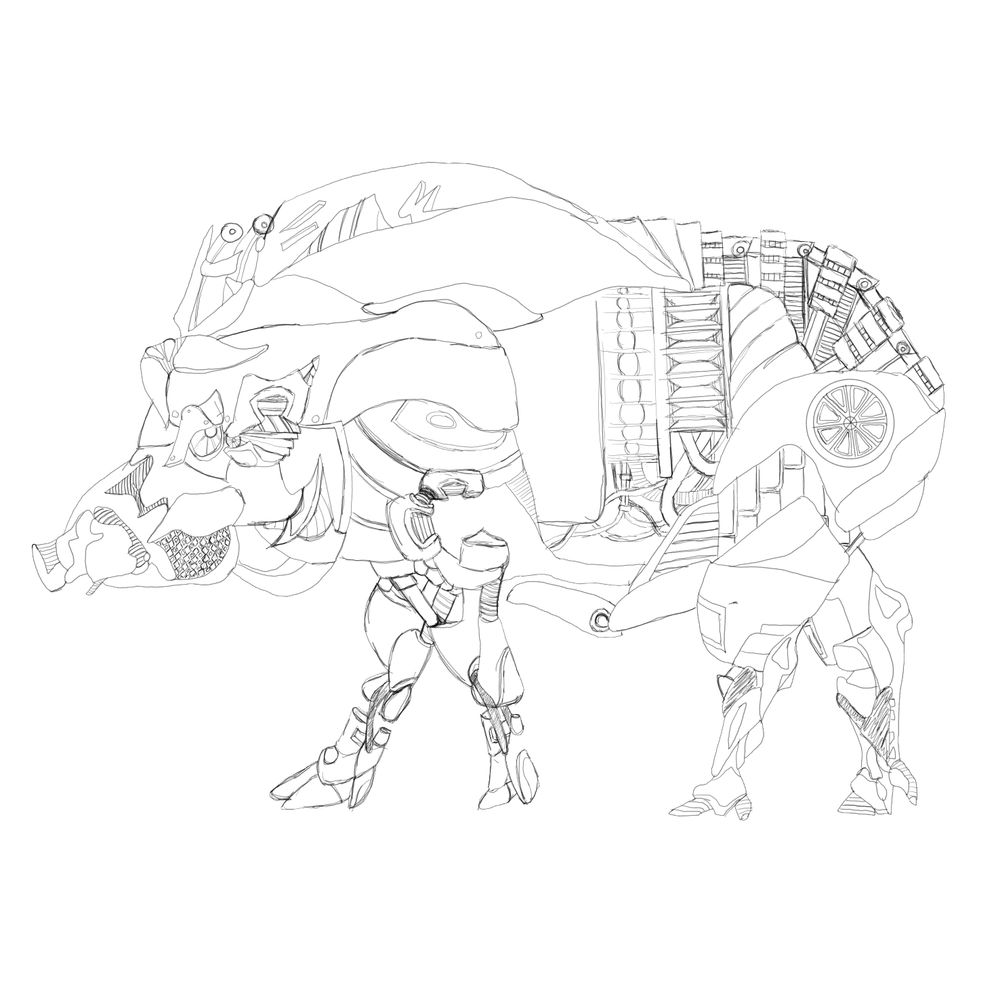 A pencil drawing of a robotic Chinese Boar