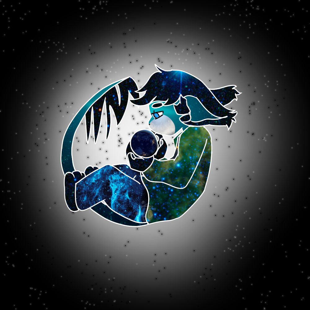 EC, a fictional creature called a mockling, with a long tail and large ears, colored in with images from NASA's library of images. He is curled up and floating in a black and white void that evokes space, and is holding the Earth at night