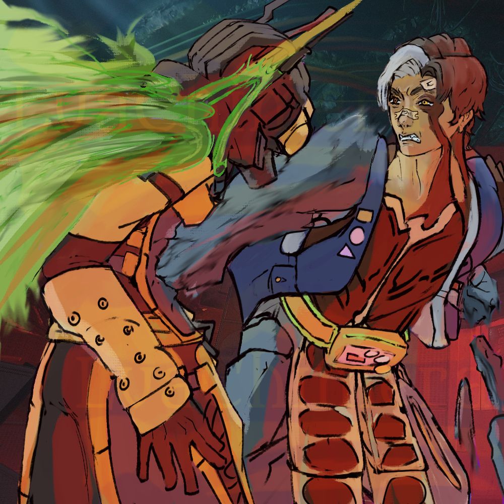 A Warframe OC punching a Warframe nazi