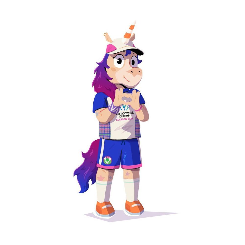 drawing of a unicorn stood upright in sports clothes with pink to blue gradient hair