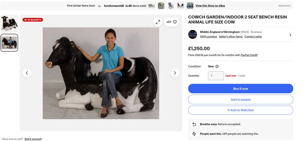 a picture of the ebay page for the cowch, showing someone sitting on the cowch and the price of 1250 pounds