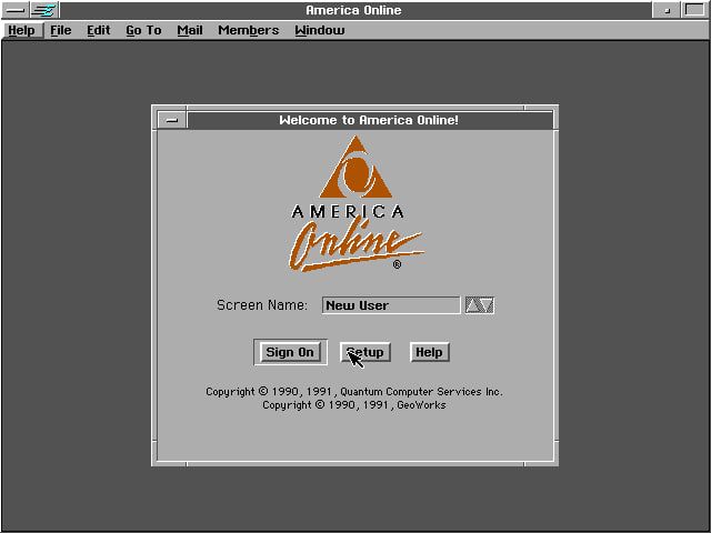 A screenshot of the PC/GEOS based AOL DOS Client at the sign-in screen
