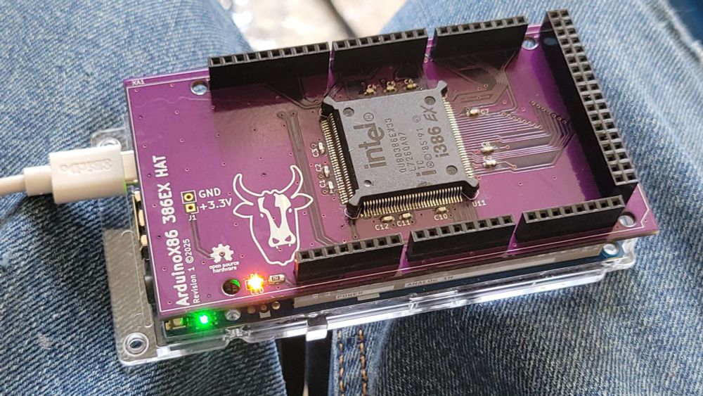 The ArduinoX86 386EX HAT connected to an Arduino Giga