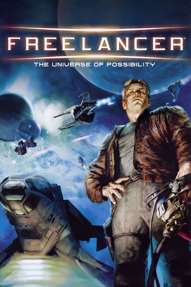 Cover-Artwork des Videospiels Freelancer: Ein Pilot in Lederjacke steht selbstbewusst im Vordergrund, hinter ihm ein Raumschiff und Weltraumszene mit Planeten und Raumschlachten. Text: 'Freelancer – The Universe of Possibility'.