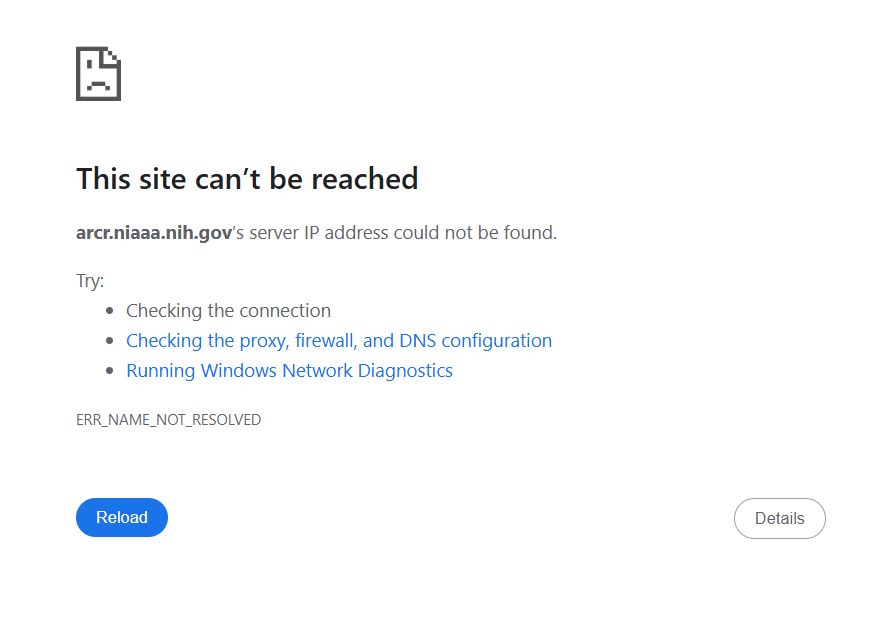 Screenshot of ARCR website that reads "This site can't be reached"