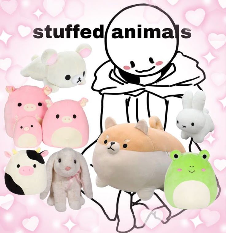drawon person surrounded by real plushies. caption is "stuffed animals"