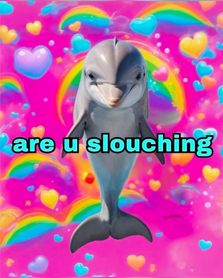 dolphin looking @ you with a bright pink background with rainbows and hearts behind it. caption is "are u slouching"