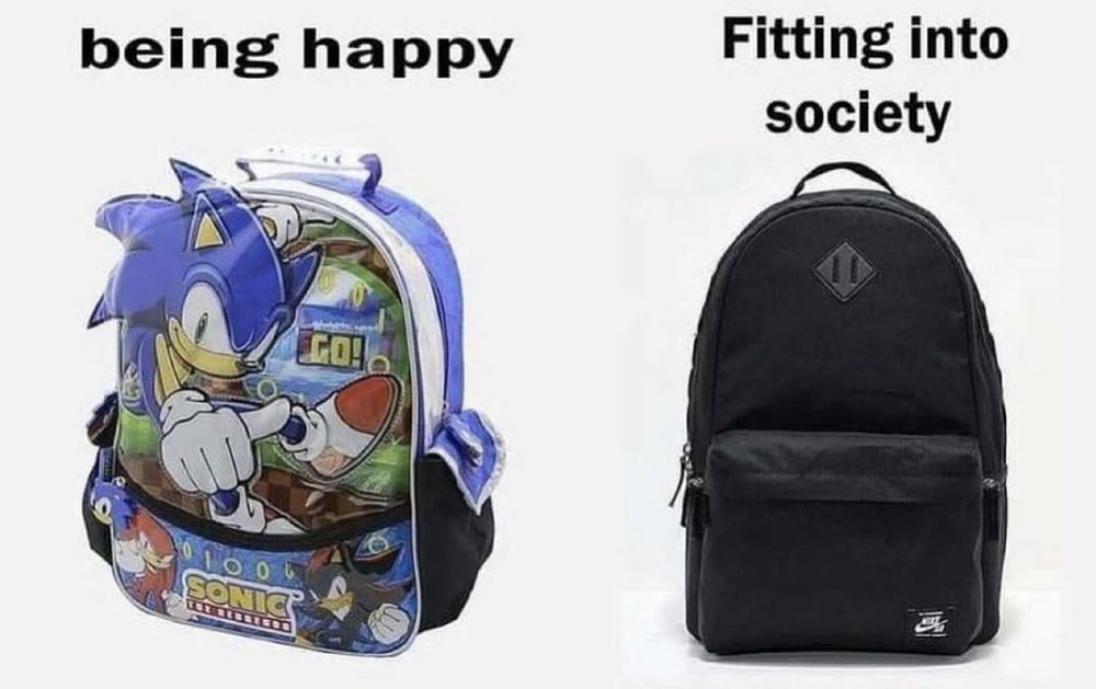 "being happy" is written on top of a sonic backpack, and "fitting into society" is written on top of a plain, black backpack