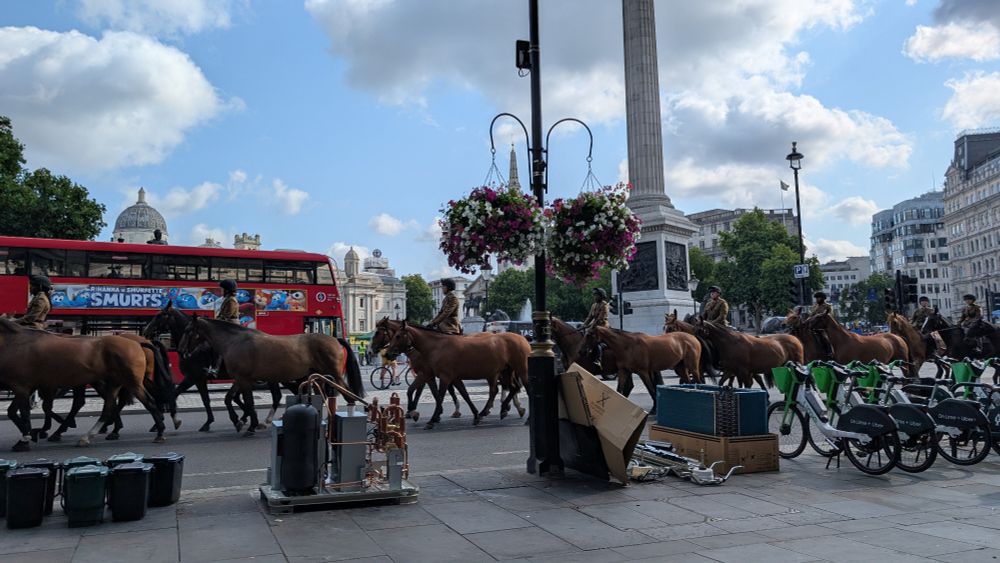 Horses parading through London's Trafalgar Square 