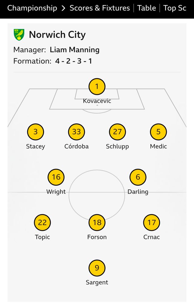 Norwich's line up for the millwall game, with several players in the wrong position