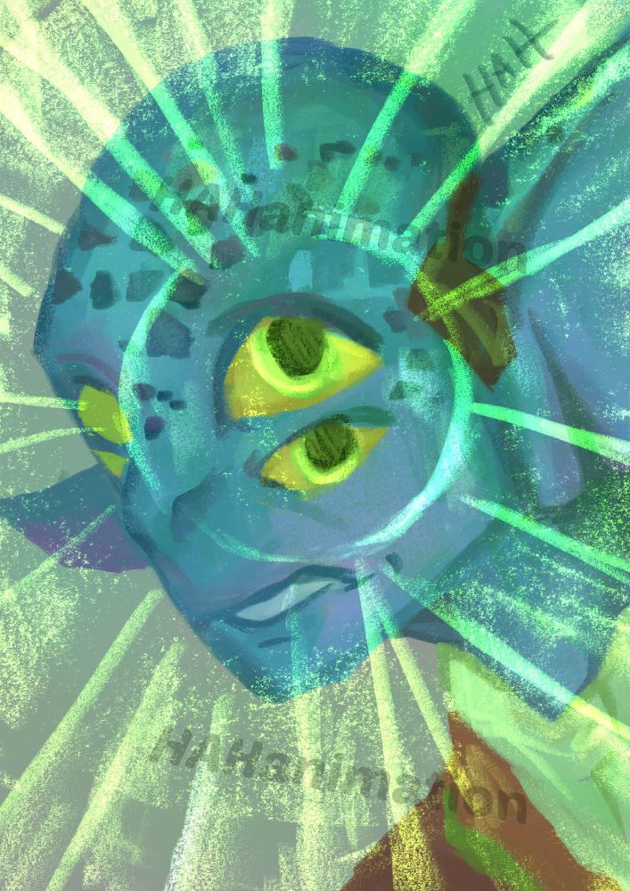 A portrait of Wave, a hearthian with 4 eyes, blue purple skin, and large ears. They are 3/4 turned toward the viewer, a bright neon green ring around their pupils which are only present in two of their four eyes: the two facing the viewer. These two eyes also are enclosed by an green turquoise overlaid ring of light almost resembling a sun or the iris of an eye. Wave looks disconcerted. 