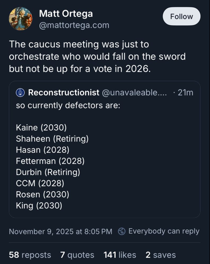 List of Dem senators voting voting to end the shutdown. 
Kaine
Shaheen
Hasan
Fetterman 
Durbin
CCM
Rosen
King