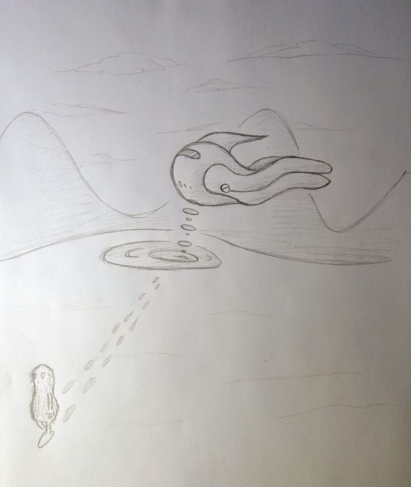 A doodle of a space ship floating in a valley surrounded by mountains as a fuzzy creature that looks kind of like a peanut walks leaving behind a trail of footprints 