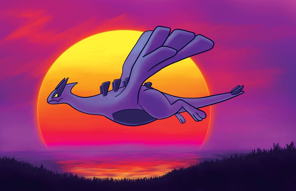 The Pokémon Lugia flying through a purple sky with an orange sun 