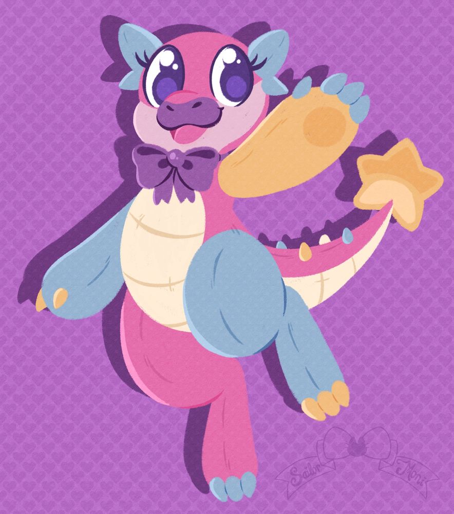 Amuse a plush Dino sona with a purple ribbon and pastel colored limbs is waving at the viewer happily 