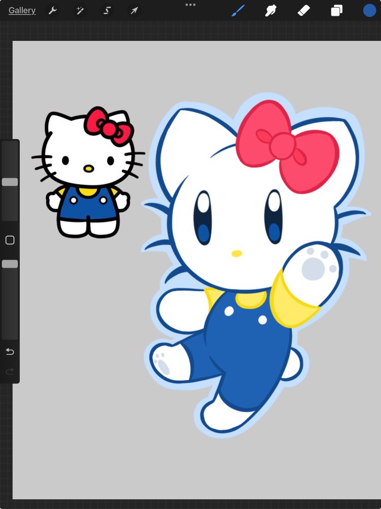 A stylized illustration of hello kitty next to the sanrio official artwork against a gray background in procreate 
