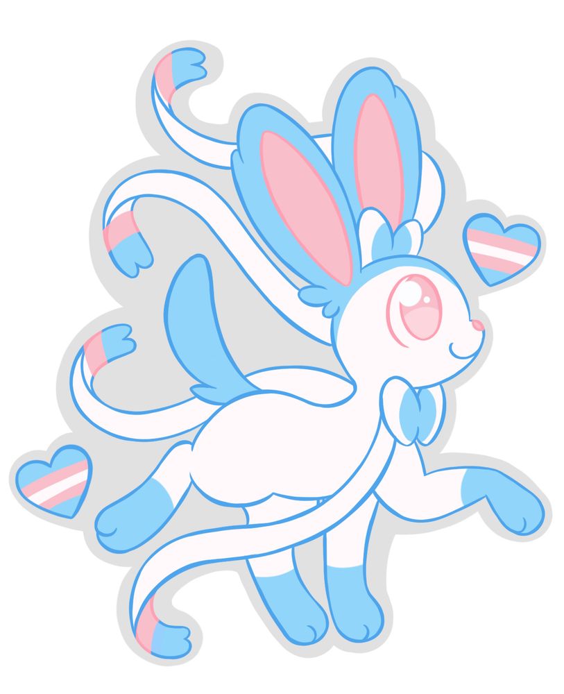 A shiny sylveon, the ribbons behind it are creating it a heart and there’s two hearts in the back and front of it with the trans flag colors 