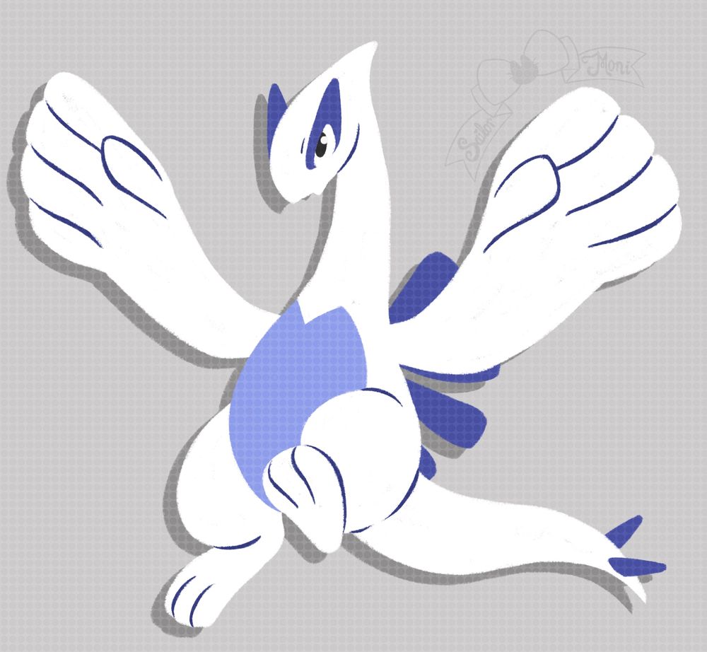 A lugia is posing intimidating with its wings spread out against a light silver background 