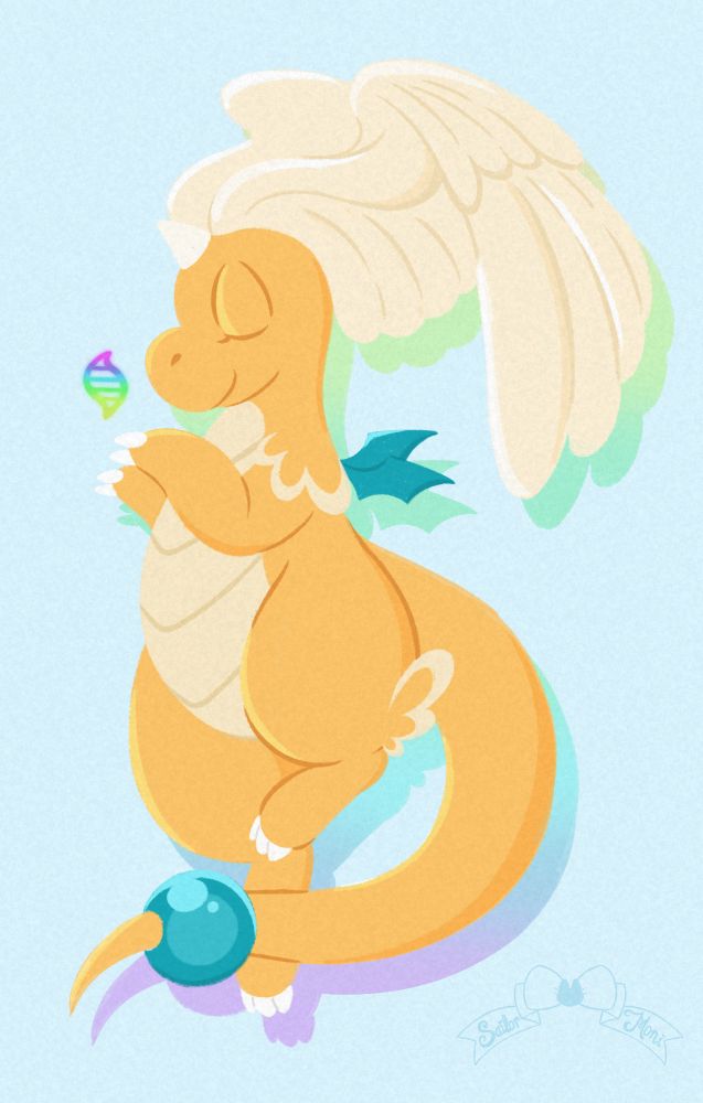 Mega Dragonite is doing a magical girl inspired pose and it holding its arms up holding the mega evolution emblem in front of its face it’s against a light off white blue background 