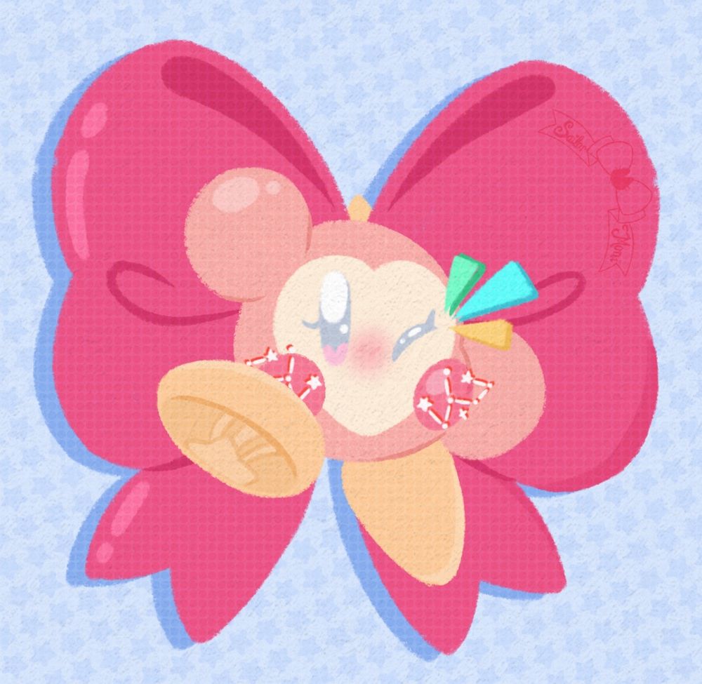 A waddle dee oc wearing a massive pink ribbon is waving and the viewer and is winking cutely against a pastel blue background 