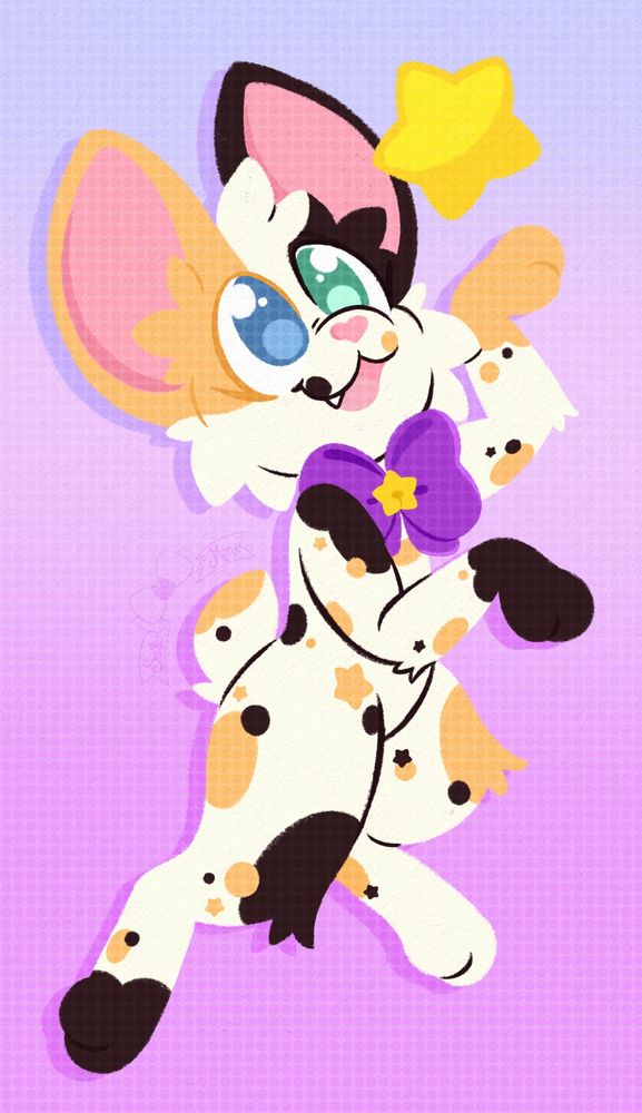 My fursona a calico cat is drawn in a lineless art style wearing a purple ribbon with a star shaped bell pendant is stretched out reaching up at a star shining above her 