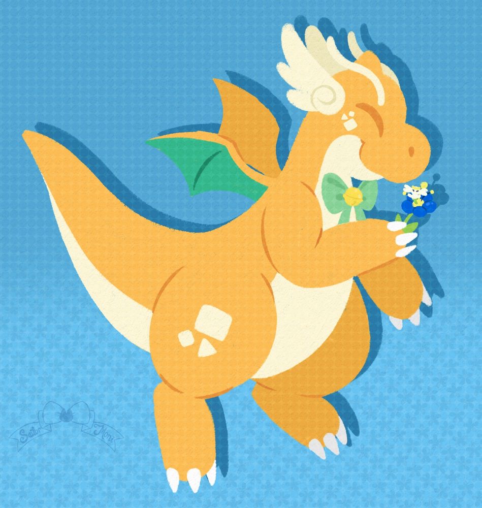 Basil a dragonite pokesona is against a pastel blue background and is holding a blue Flabebe in their hand looking down at it happily 