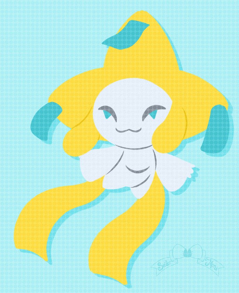 Jirachi is floating by against a teal backdrop smiling softly to the left 