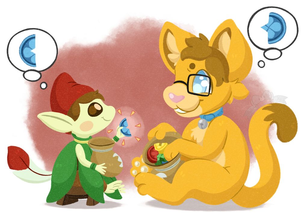Ori a cat fursona, is sitting on the ground next to a minish a character from the zelda game minish cap. The two are smiling at each other. 