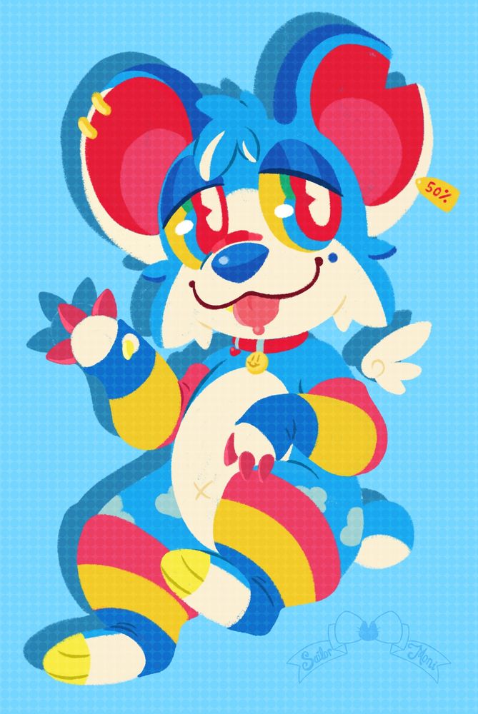 Happy Times a blue teddy bear sona with a primary color palette is floating lazily against a blue background waving at the viewing with a content smile 