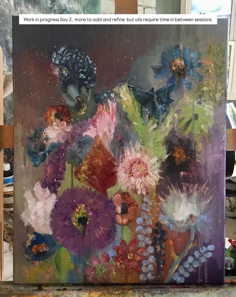 The middle stage, everything is blocked in, some texture has been added and allowed to dry for a couple of days before going in to add, refine and build more texture. 