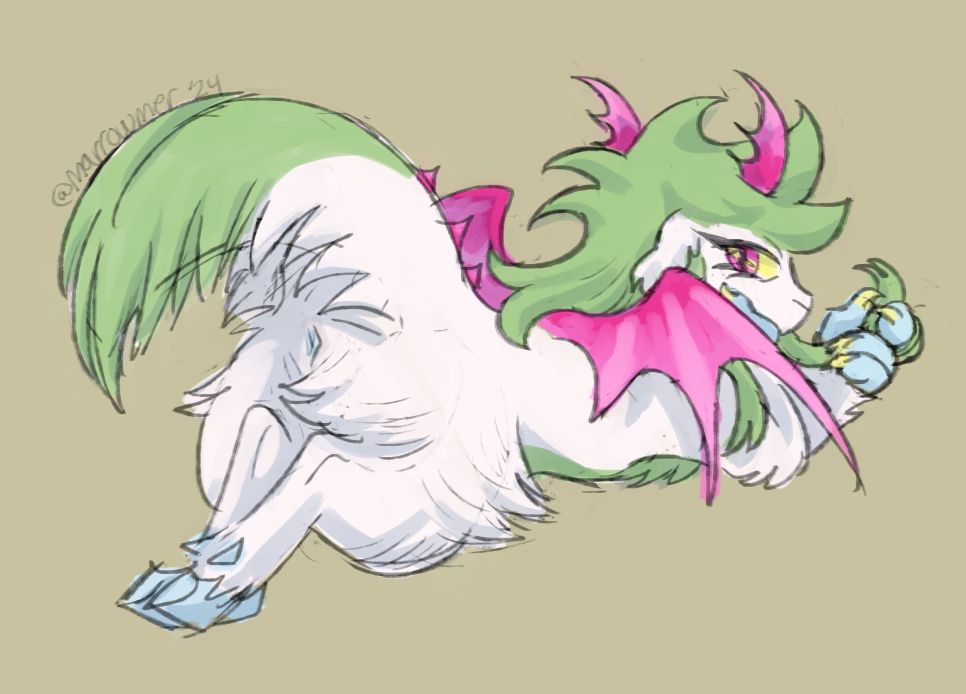 digital drawing of my oc Dion, a goat/dragon chimera (designed by sout.bsky.social), laying on his belly faced away from the viewer. he's looking back towards the viewer with head rested on one paw while the other twirls a long strand of green hair around his digits. his thick plumed tail is slightly raised, as if presenting himself to the viewer
