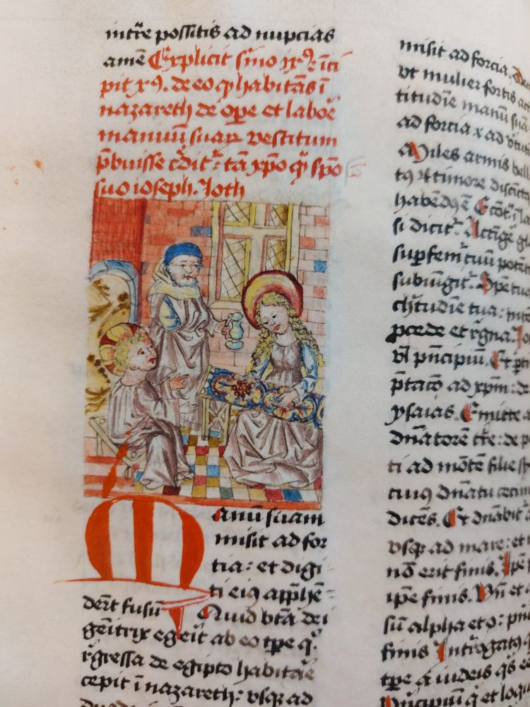 Cute pastel-y Holy Family scene in a manuscript.