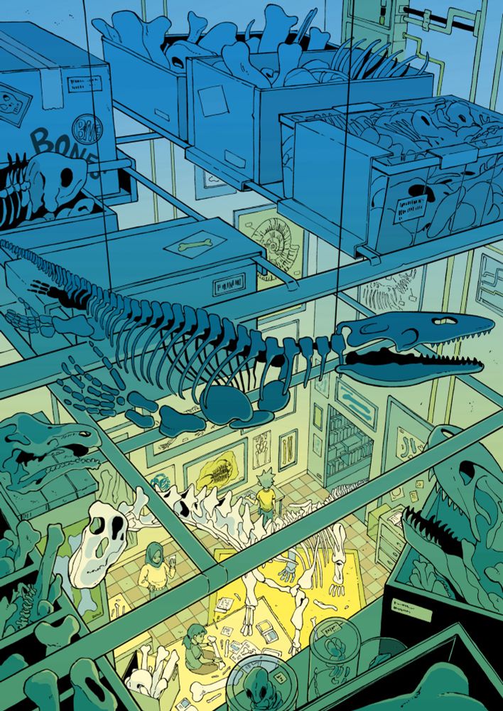 Detailed illustration of three kids in a large storeroom full of dinosaur bones. There are many boxes stored on shelves and in the rafters. On the floor of the storeroom there a half-finished dinosaur skeleton that the kids are reassembling. The room is bathed in yellow light while the boxes in the ceiling are blue toned.