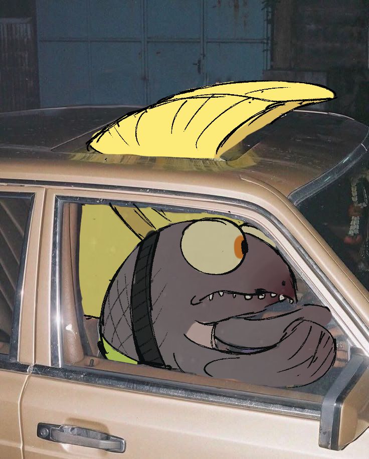 Draw over of a picture that has a salmonid in a car with their hair sticking out the sunscreen