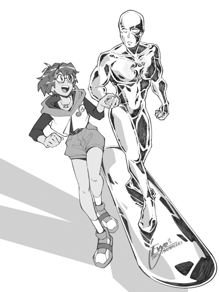 Drawn by @MurmurLilies!
Maya (his OC) meets Norrin Radd, the Silver Surfer. She is wearing her default outfit, comprised of her round glasses, a necklace, long-sleeved shirt, a hoodie with some pins, shorts, long socks, and big sneakers.
Norrin Radd is completely covered in silver, along with his surfboard. On his chest is the Silver Star, a representation of the Power Cosmic, and the source of his power (granted by Galactus).

The Surfer helps Maya off his board as they hold hands; she looks at him in awe. The Surfer is surprised by her reaction towards him.