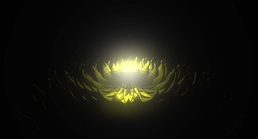 A massive sunflower with a glowing light at the center, floating in a void of darkness.