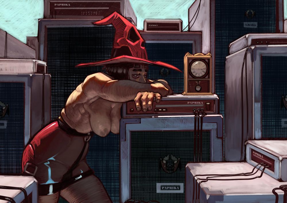 Outdoors daytime scene. A topless woman wearing a red witch hat is surrounded by countless guitar speakers and amplifiers of many different sizes. She leans over an amplifier that has a vintage pendulum clock on top of it. The clock's pendulum won't move.
The witch is fairly muscular. Her hair is a black chanel cut. Besides the hat, she also wears a red latex skirt. Her eyes convey deep sorrow. 