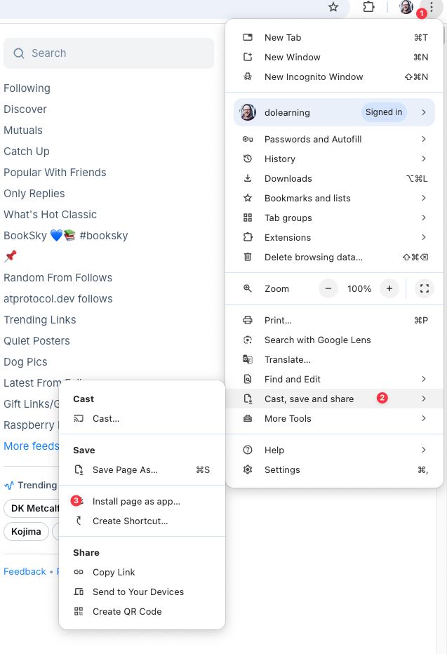 Steps to install a web page as an app:
1 - Click on the three dots
2 - Click on Cast, save and share
3 - Click on Install page as app