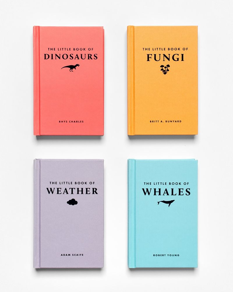Image of The Little Book(s) of Dinosaurs; Fungi; Weather; & Whales, arranged in a square.
